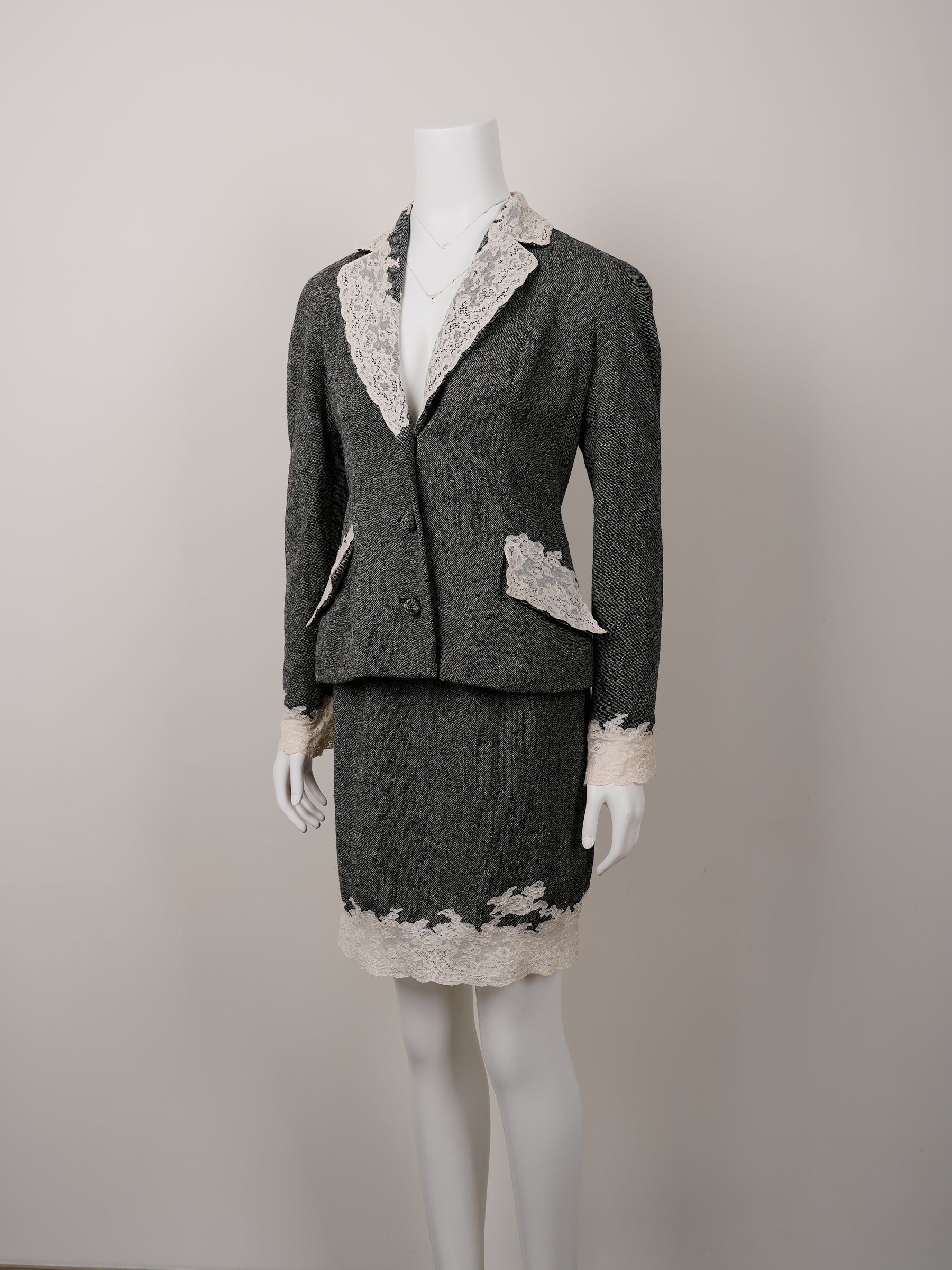 Christian Dior by John Galliano Fall/Winter 1998 Grey Wool Tweed Skirt Suit with White Calais Lace