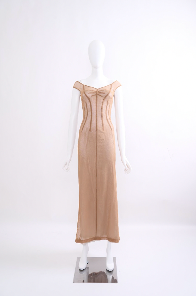 Vintage Dolce & Gabbana Spring 1998 Beige Off-Shoulder Dress - Pulled