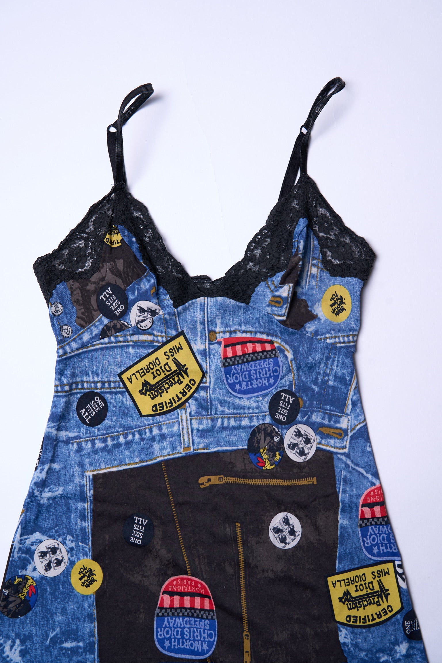 Preowned Christian Dior by John Galliano Fall 2001 Denim Print Nylon Slip Dress, Trompe L’oeil