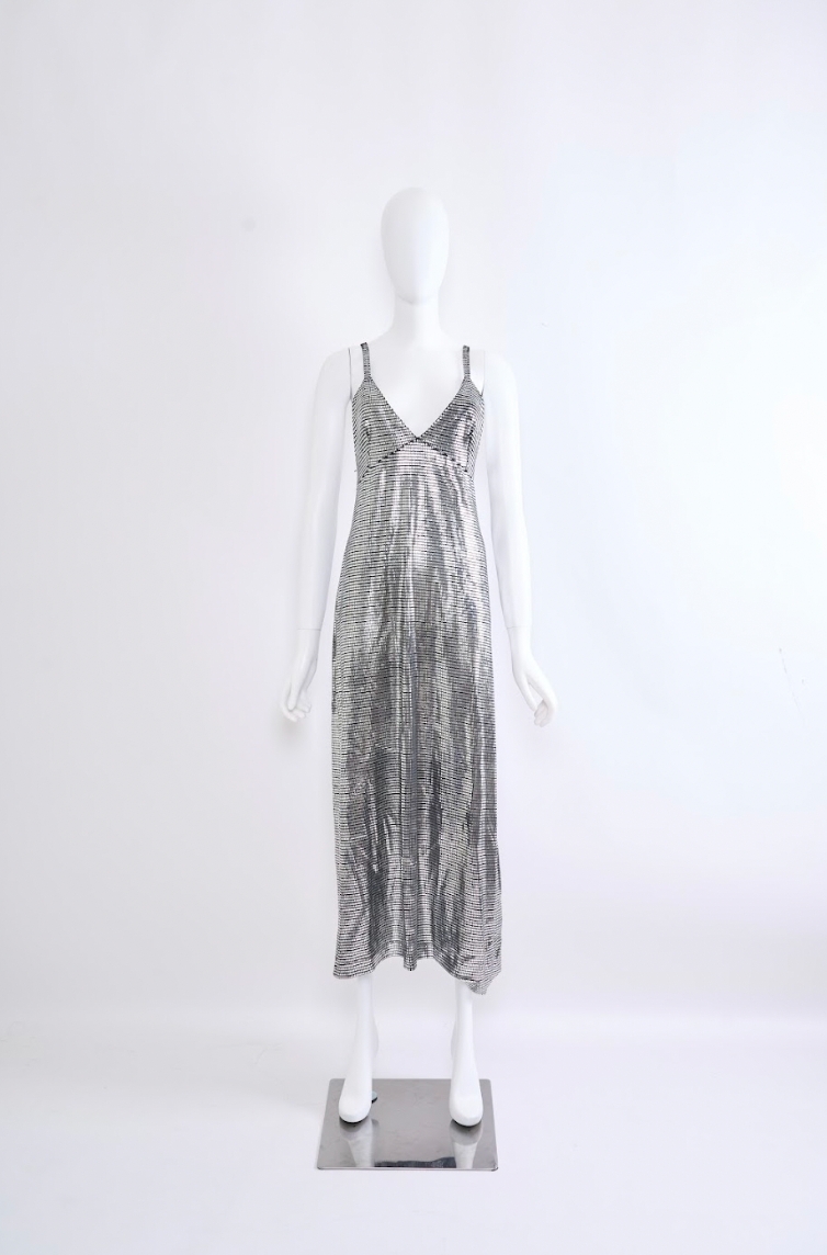 Vintage Paco Rabanne 2000s Silver Foil Cross-Back Long Dress