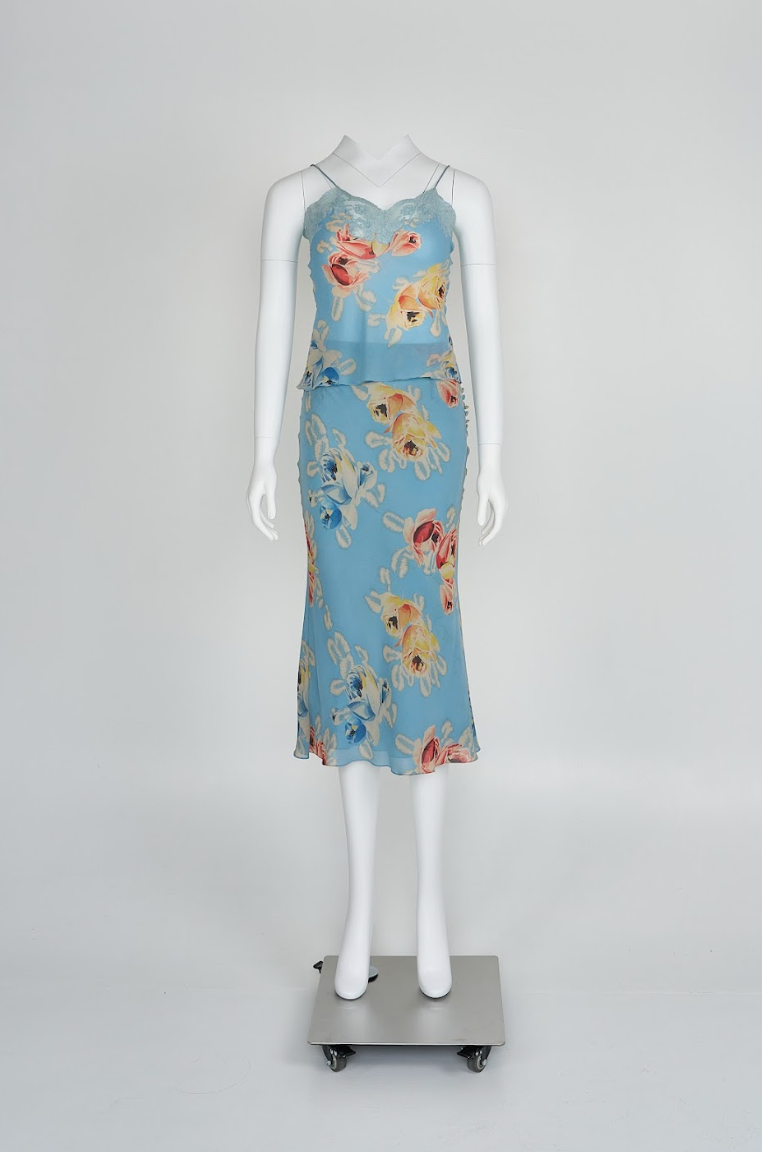 Vintage Christian Dior Spring 2001 Pale Blue Silk Floral Two-Piece Dress