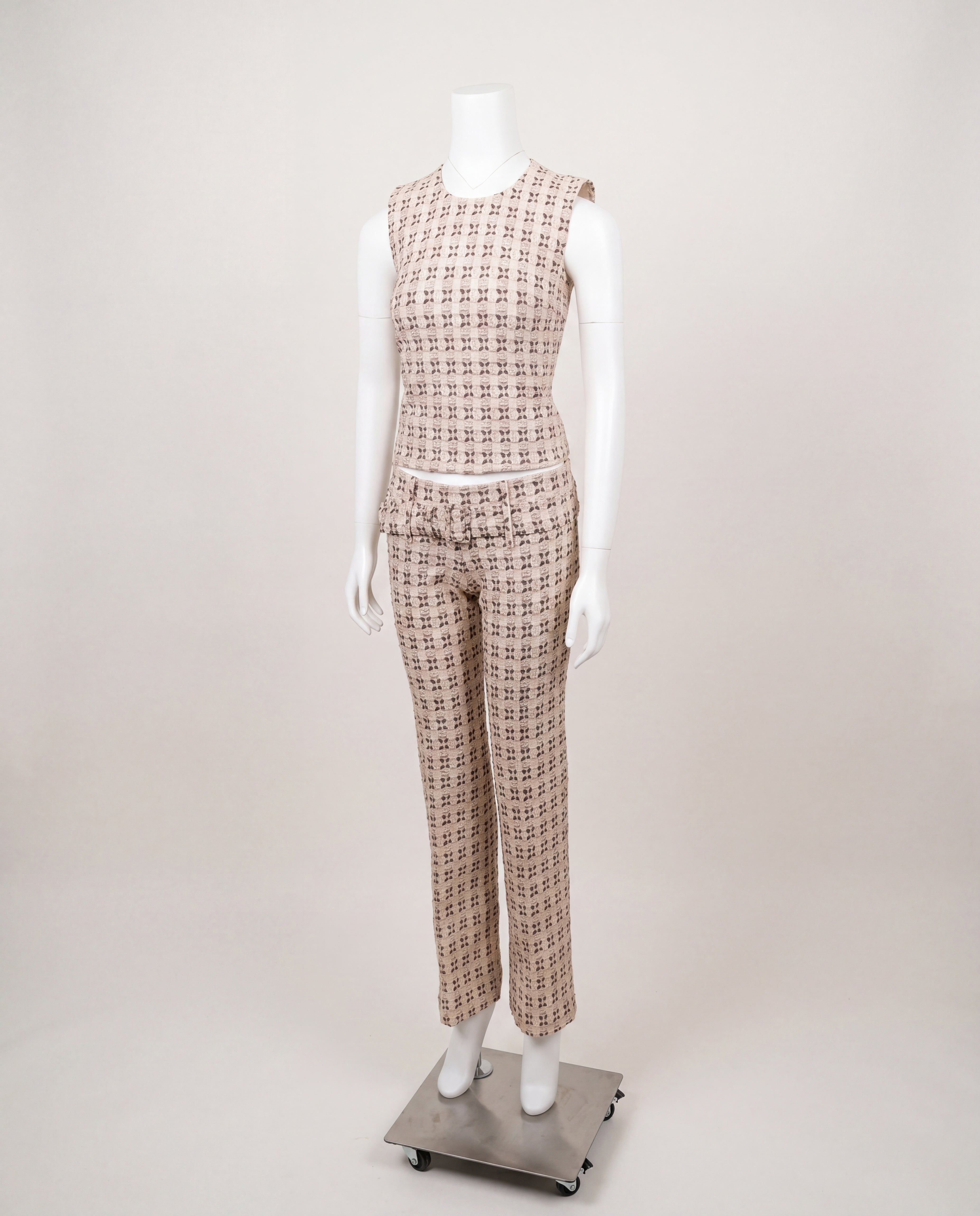 Prada Spring 2002 Beige and Brown Brocade Top and Trouser Set