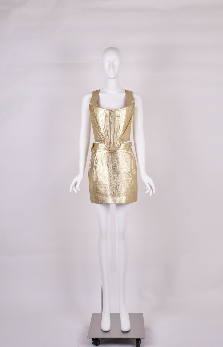 Vintage Vivienne Westwood Spring 1988 Gold Leather Corset and Mini Skirt