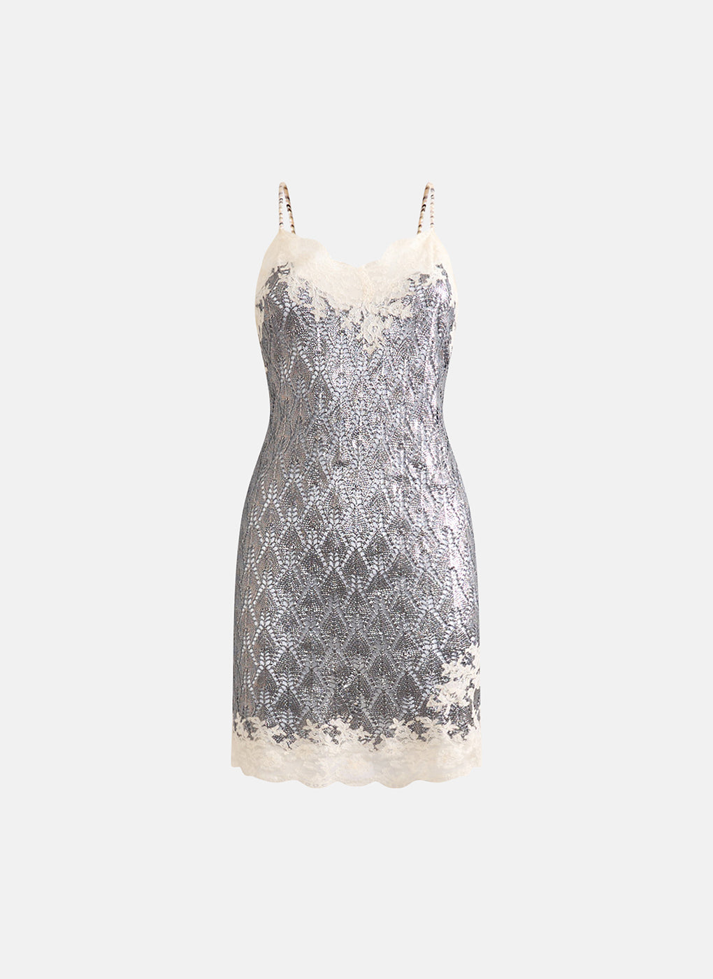 Vintage Christian Dior by John Galliano Spring 1998 Silver Crochet Knit and Lace Slip Dress - Pulled