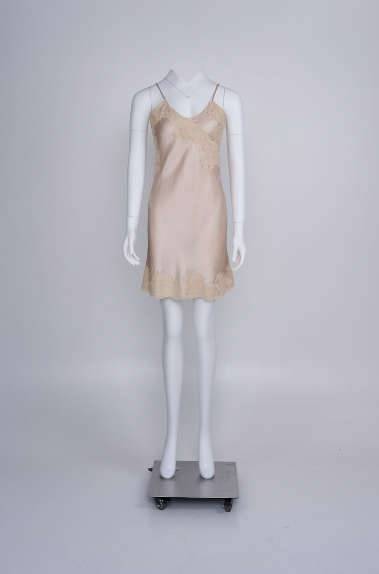 Vintage Givenchy 1990s Beige Mini Dress in Checkered Silk with Lace Trim