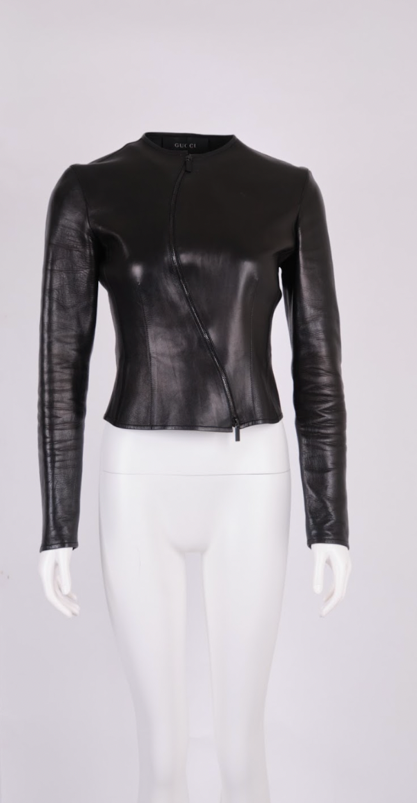 Vintage Gucci Fall 1999 Curved Zipper Leather Jacket