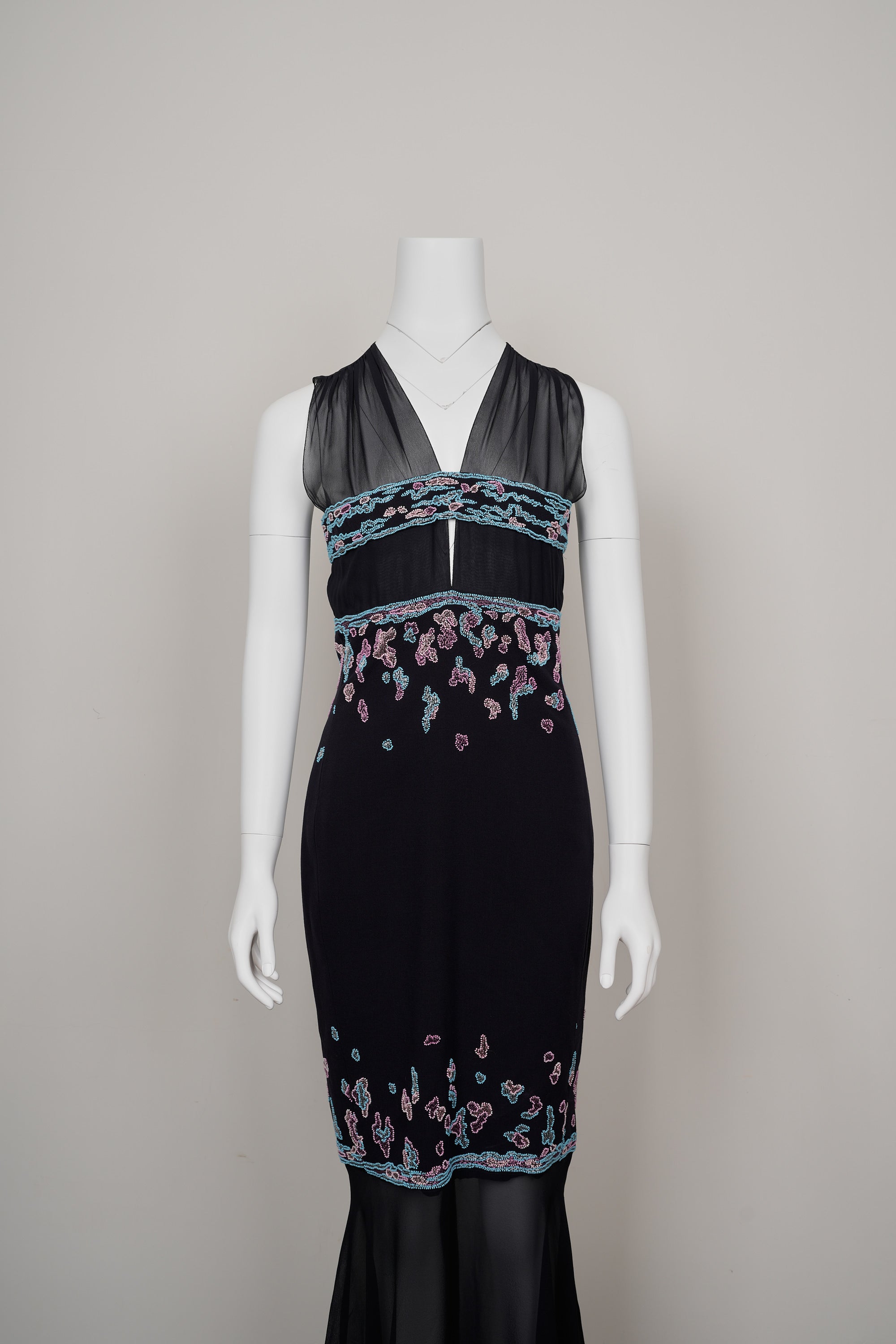 Chanel by Karl Lagerfeld Fall 1997–98 Black Chiffon & Wool Dress Beaded & Embroidered Bodice