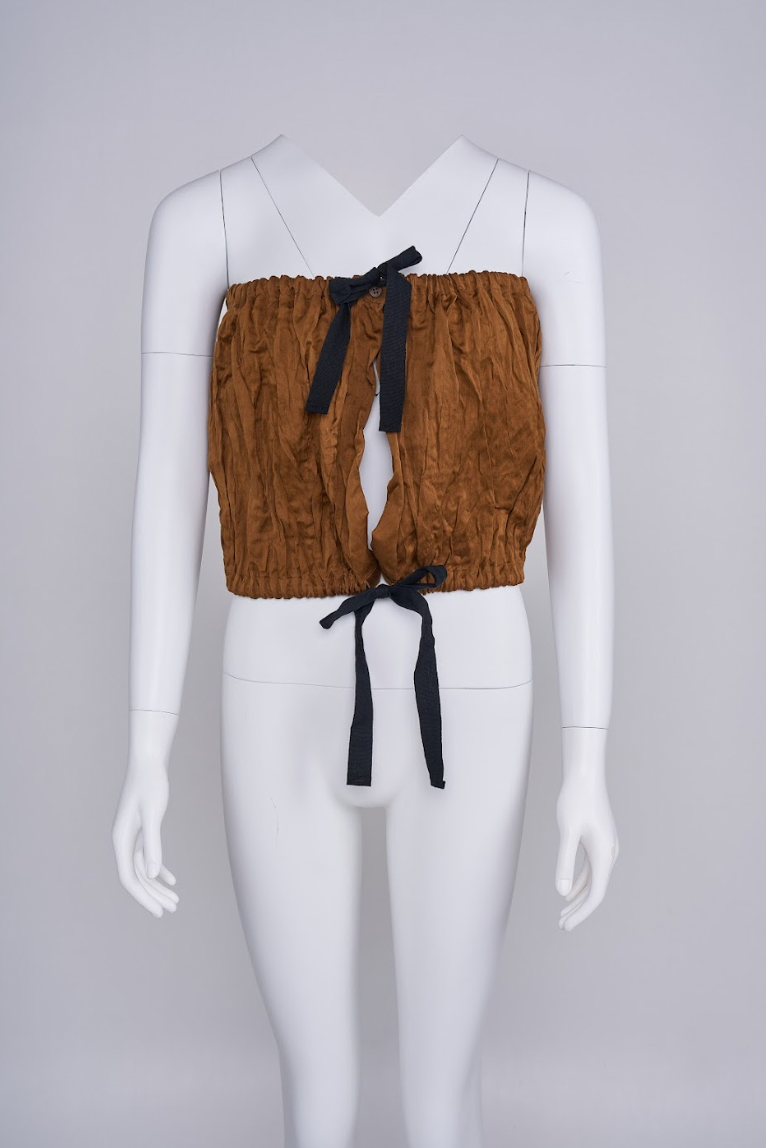 Preowned Prada Spring 2009 Brown Tube Top with Black Bow Ribbons