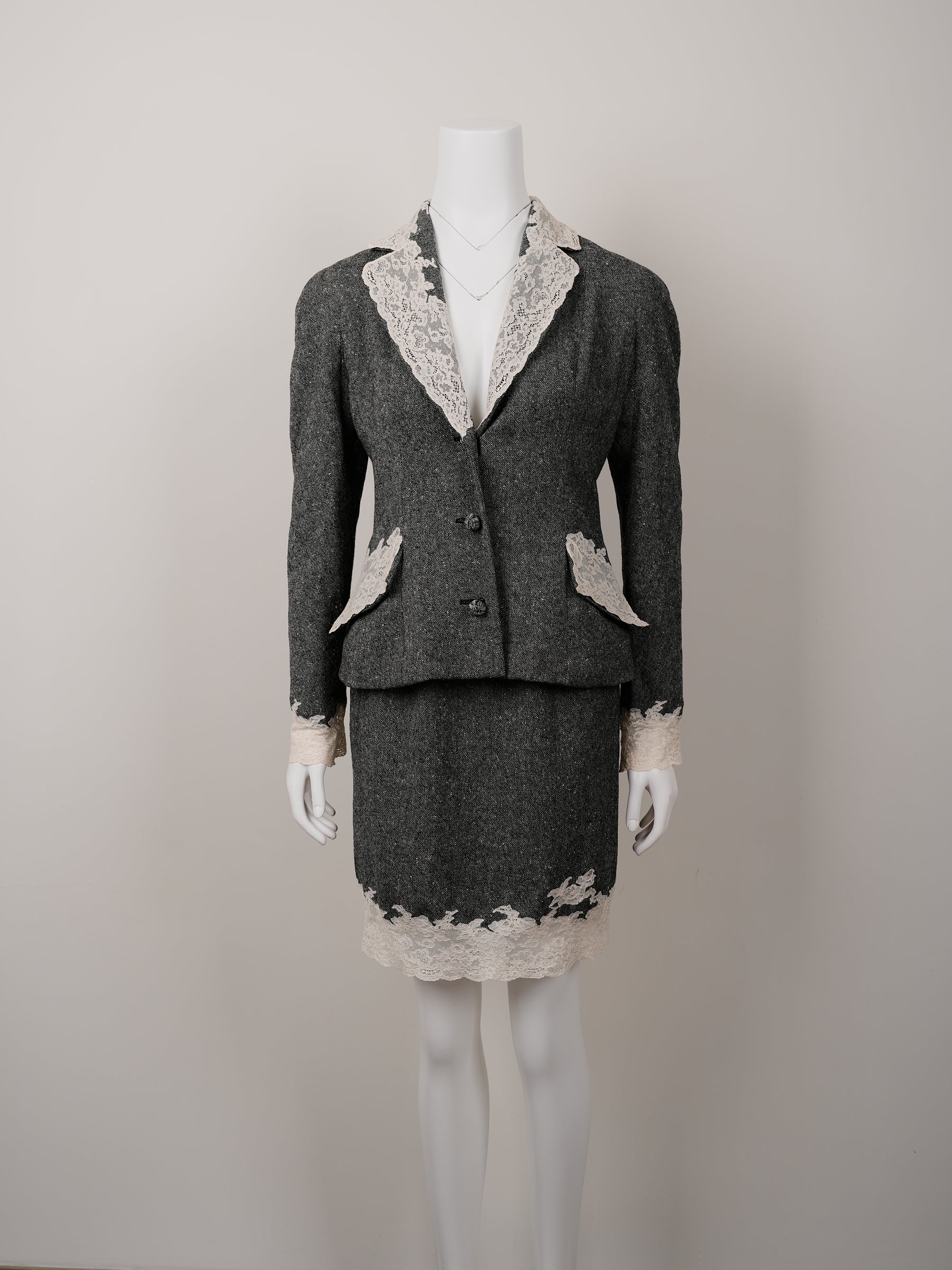 Christian Dior by John Galliano Fall/Winter 1998 Grey Wool Tweed Skirt Suit with White Calais Lace