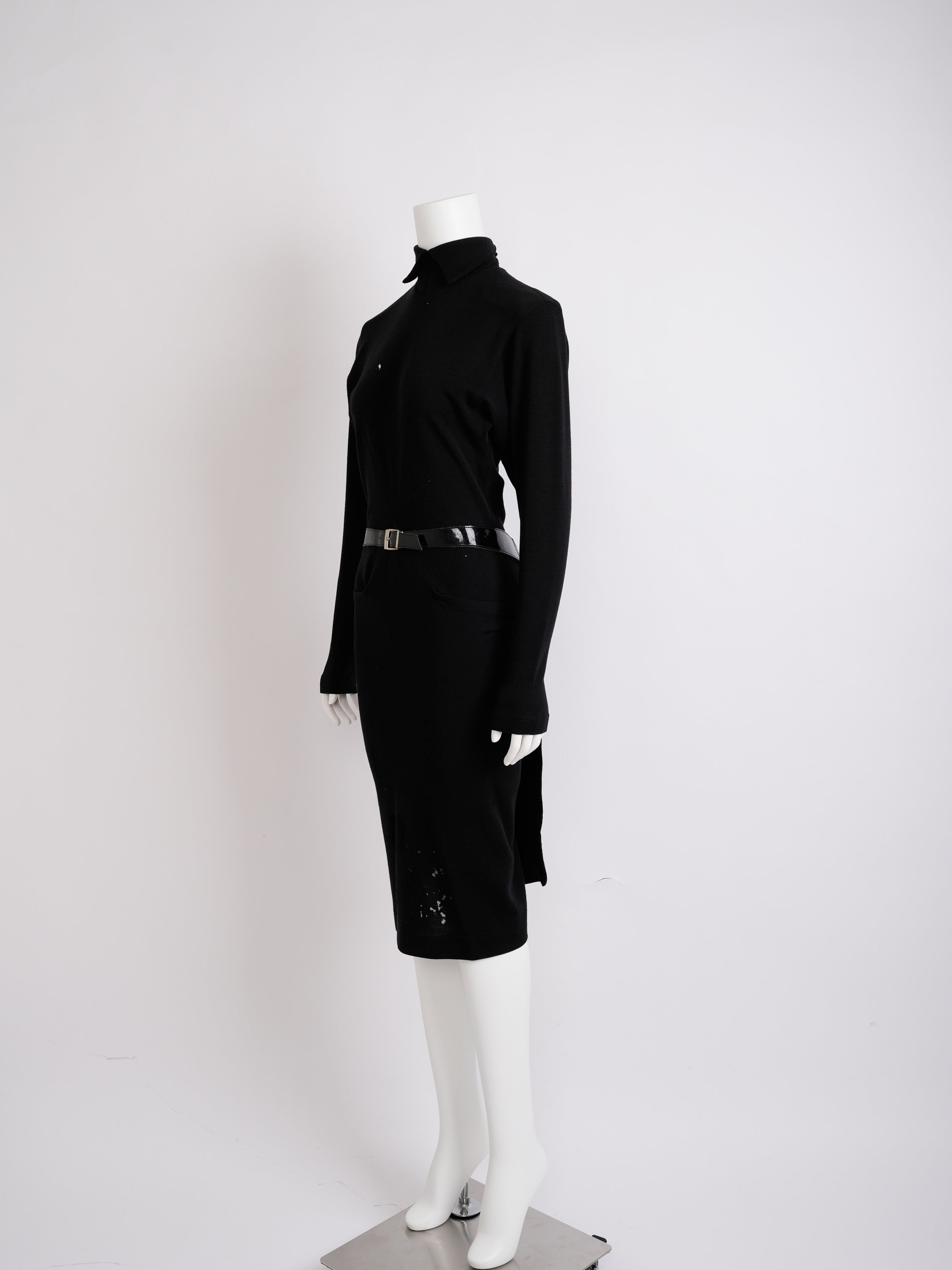 Vintage Alaïa 1985 Black Wool Dress with Vinyl Belt Distressed Condition