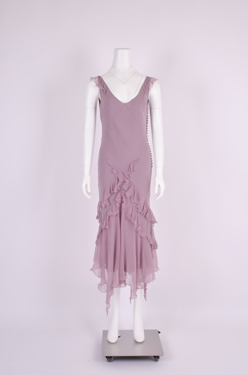 Preowned John Galliano 2004 Lavender Silk Ruffle Dress with Bias-Cut Draping