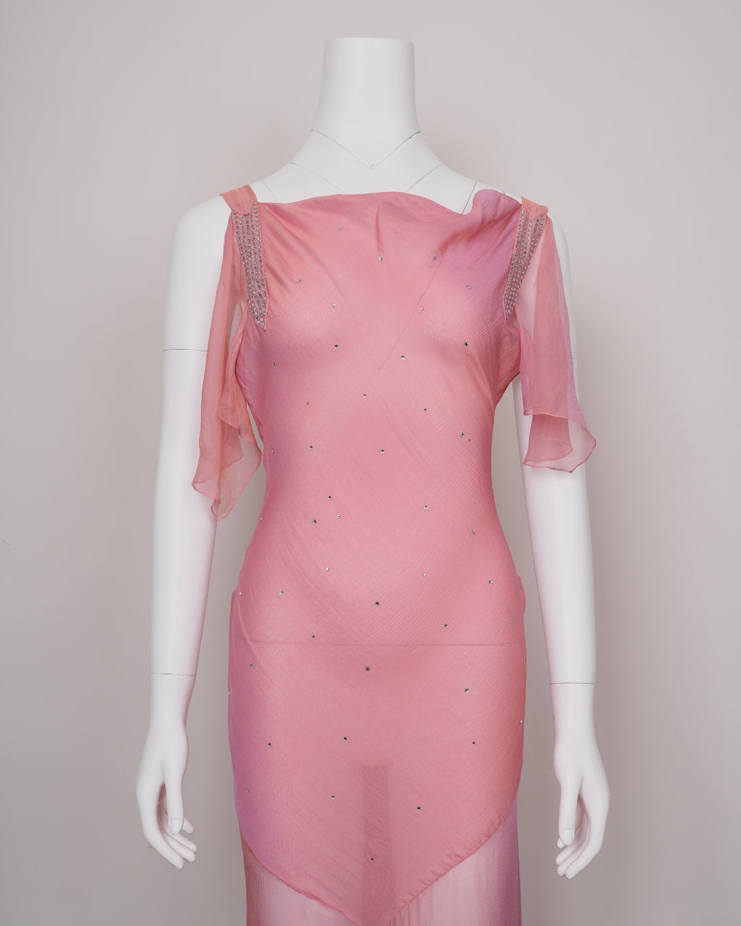Preowned Christian Dior by John Galliano 2000s Pink & Gold Chiffon Evening Dress Rhinestone Straps & Cowled Neckline