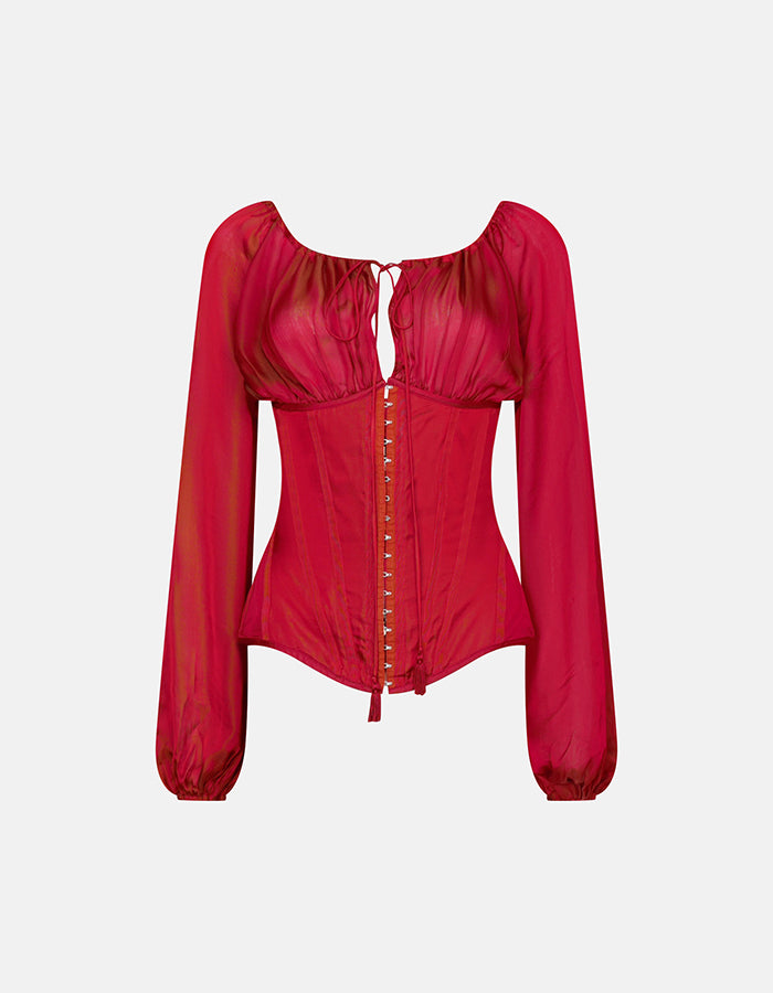 Preowned Jean Paul Gaultier Spring 2008 Red Silk Corset with Long Sleeves