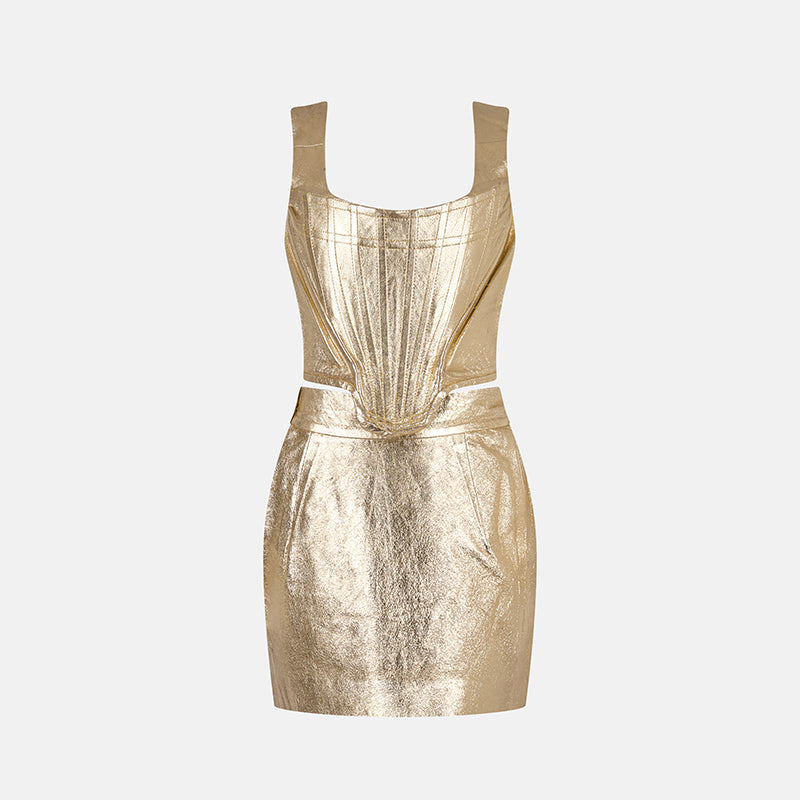 Vintage Vivienne Westwood Spring 1988 Gold Leather Corset and Mini Skirt