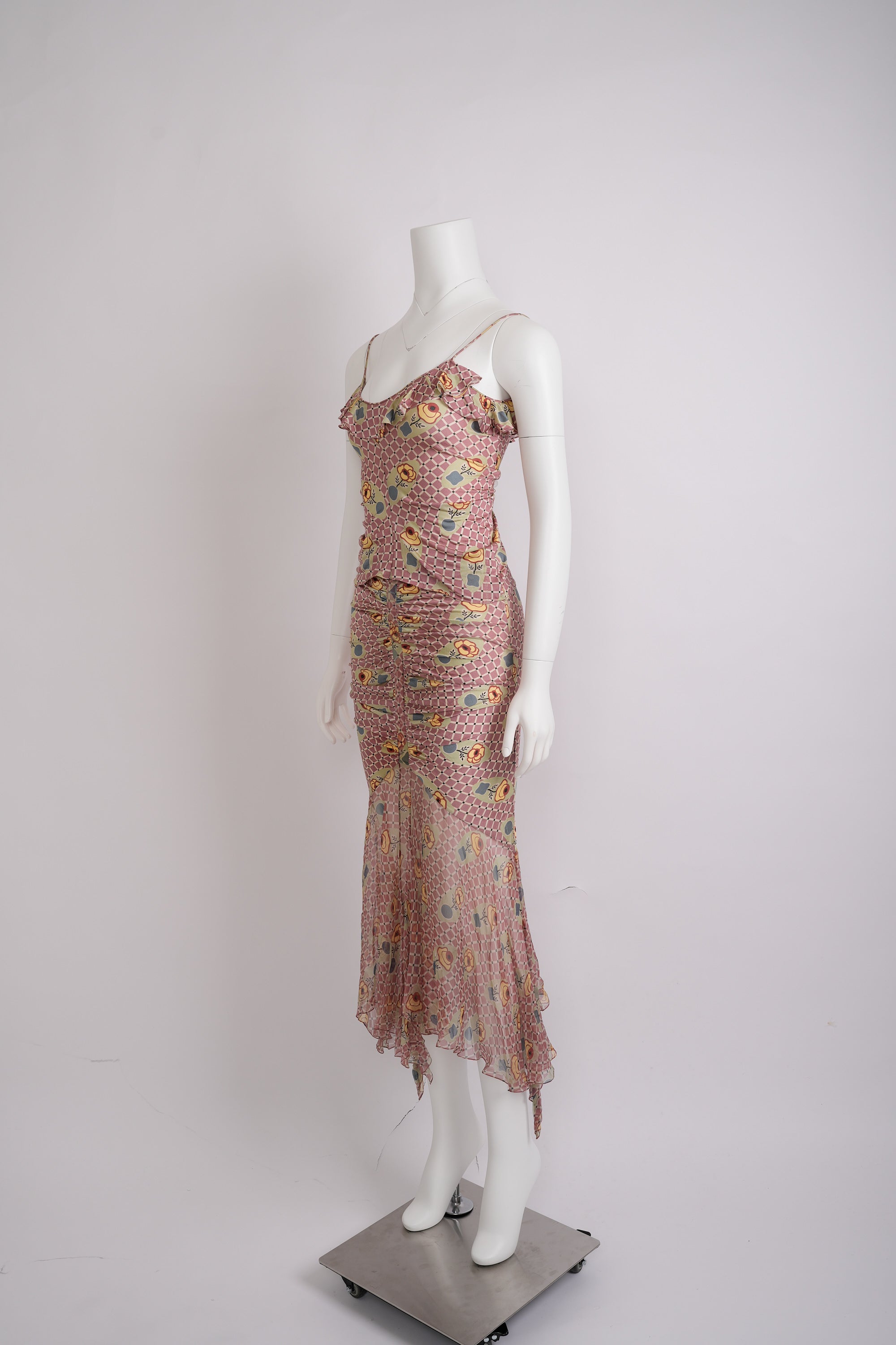 Preowned John Galliano Spring 2004 Pink and Ecru Check Jersey Ensemble with Floral Motif