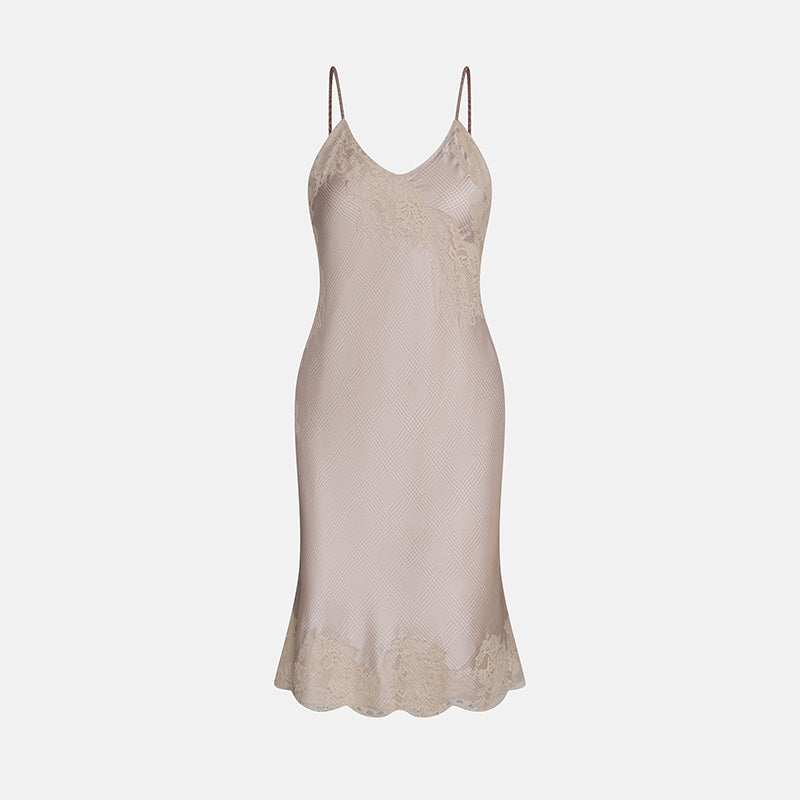 Vintage Givenchy 1990s Beige Mini Dress in Checkered Silk with Lace Trim