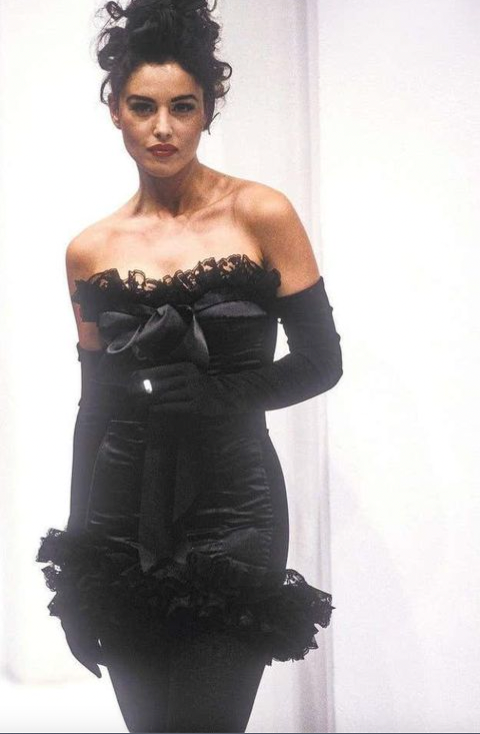 Vintage Dolce & Gabbana Fall 1991 Runway Strapless Black Lace Bow Mini Dress