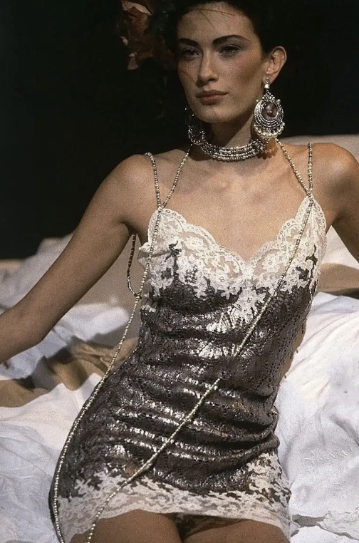 Vintage Christian Dior by John Galliano Spring 1998 Silver Crochet Knit and Lace Slip Dress - Pulled