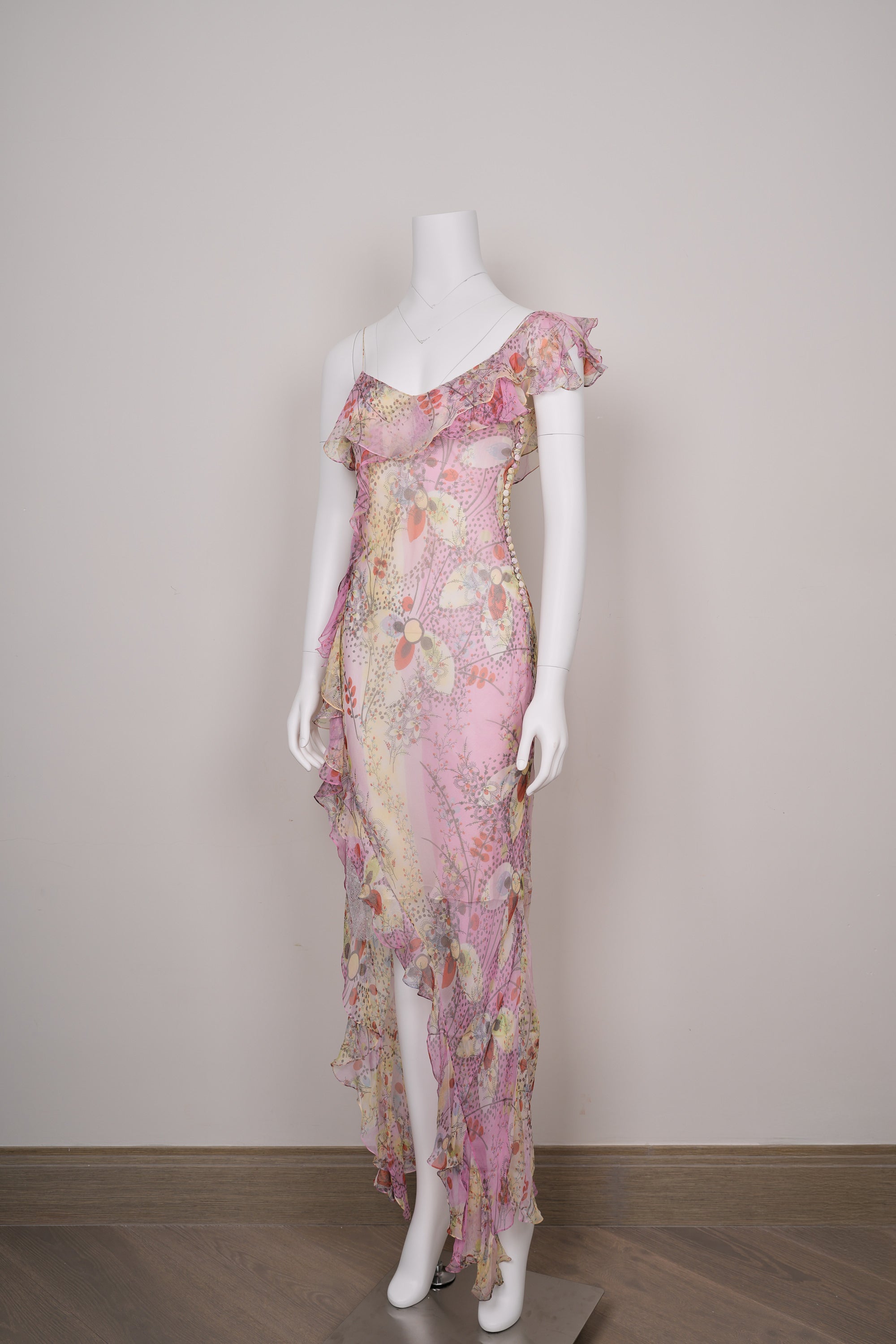 Preowned Christian Dior by John Galliano SS 2003 Abstract Floral Chiffon Dress Draped Frill & Self-Covered Buttons