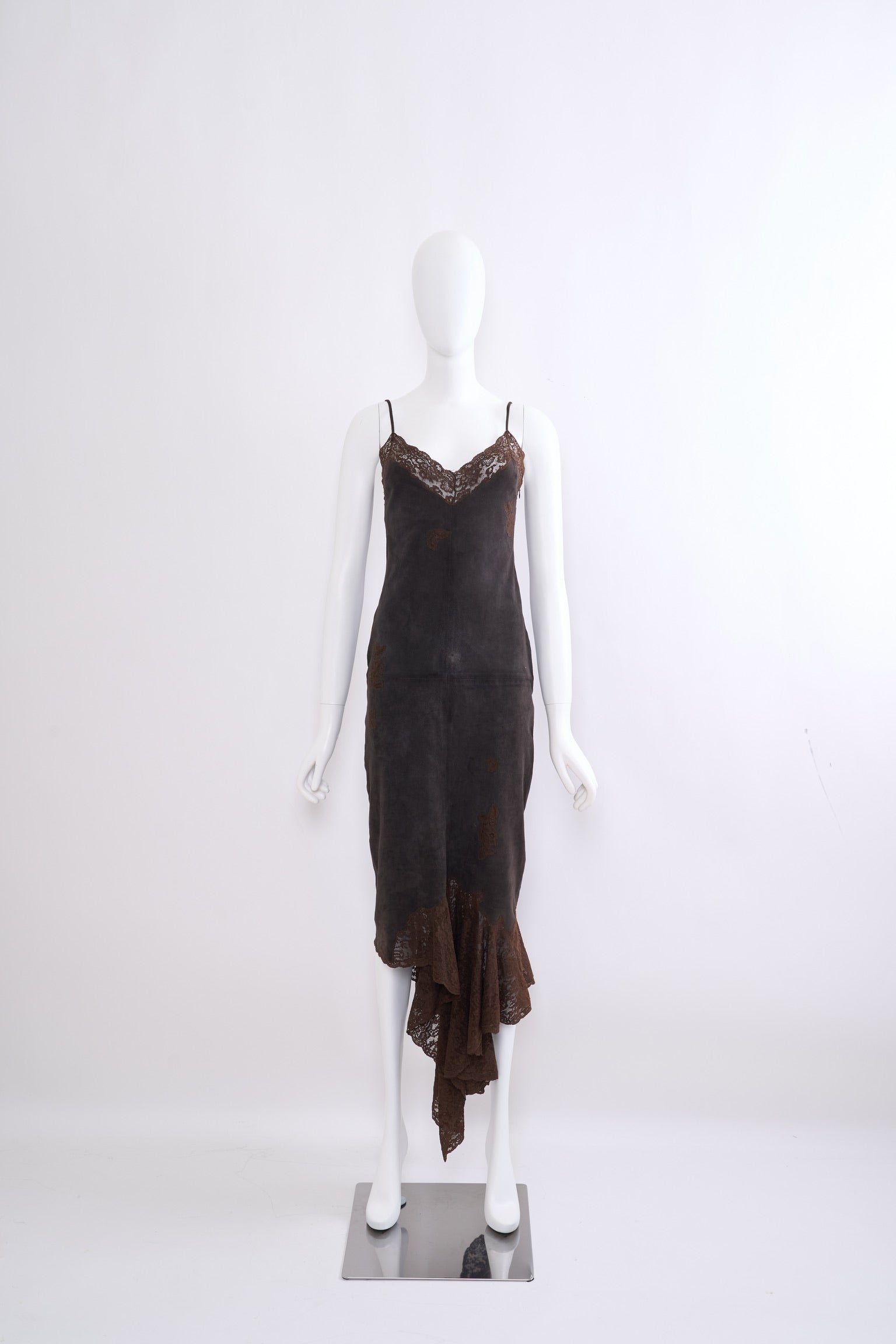 Vintage Christian Dior by John Galliano Fall 2000 Brown Suede Lace Mermaid Maxi Dress