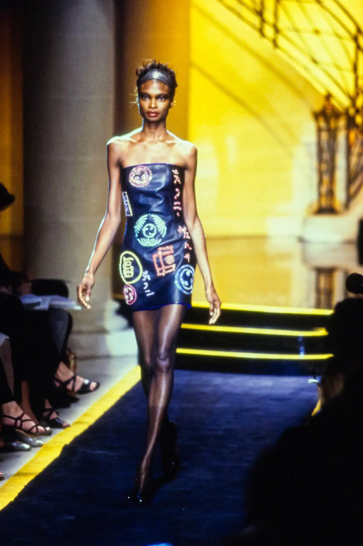 Vintage Atelier Versace Fall 1997 Black Leather Strapless Mini Dress