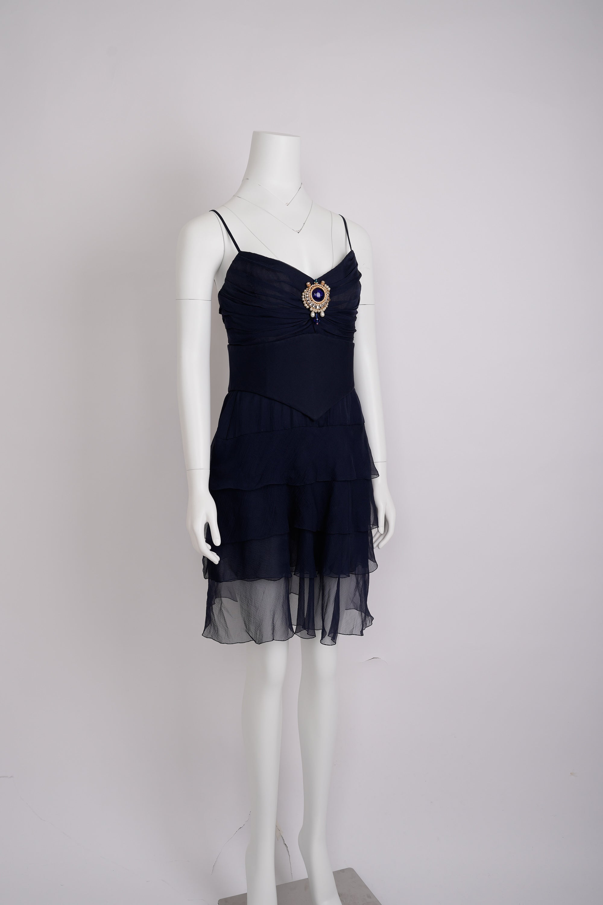 Vintage Chanel Haute Couture Spring 1994 Navy Blue Chiffon Dress with Integrated Corset and Brooch