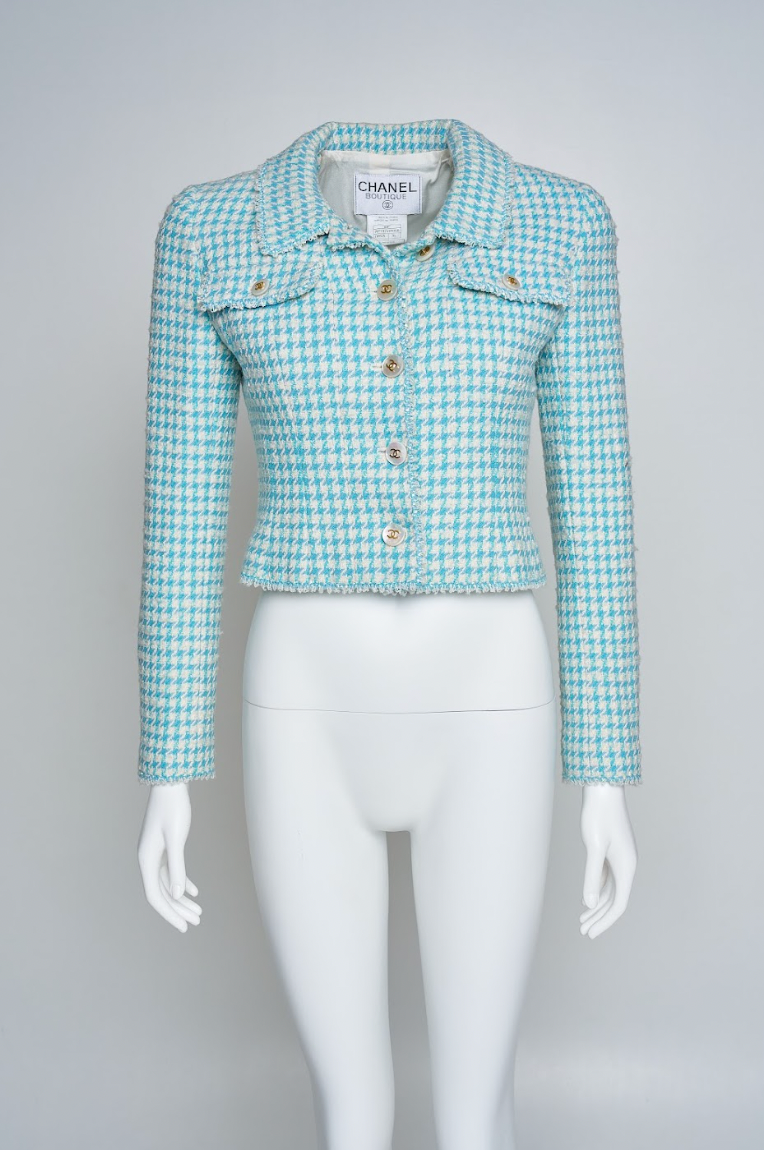 Vintage Chanel Spring 1997 Blue Tweed Jacket in Houndstooth Pattern