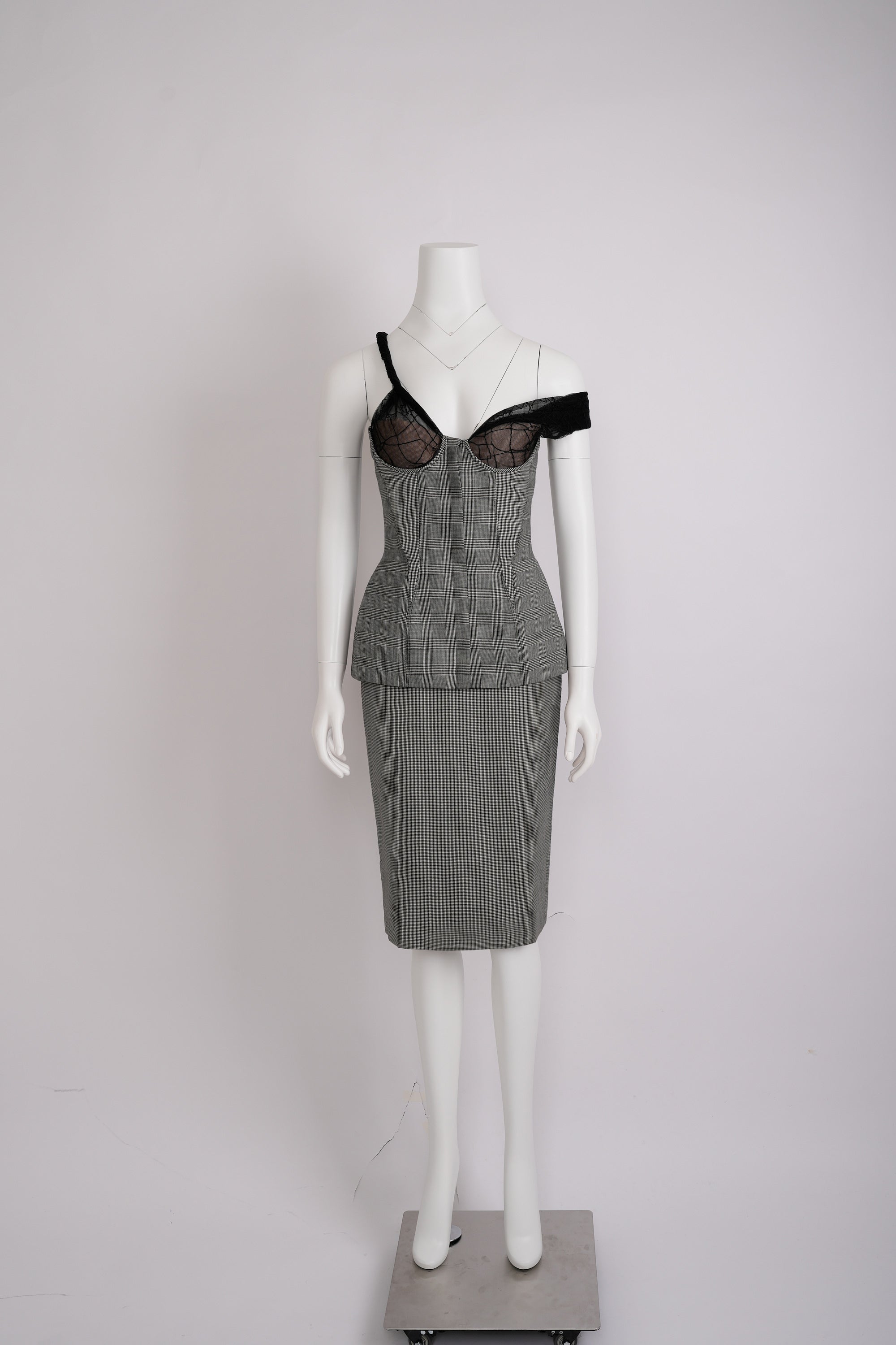 Vintage Gianni Versace 1998 Grey Mesh and Lace Top and Pencil Skirt Set